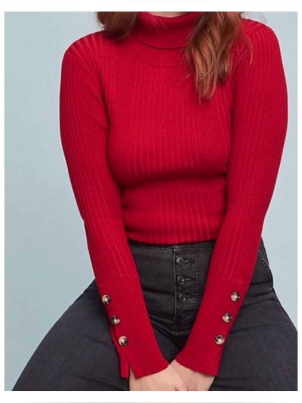 NWOT Anthropologie Button Sleeve Ribbed Turtleneck Sweater In Red Size Medium